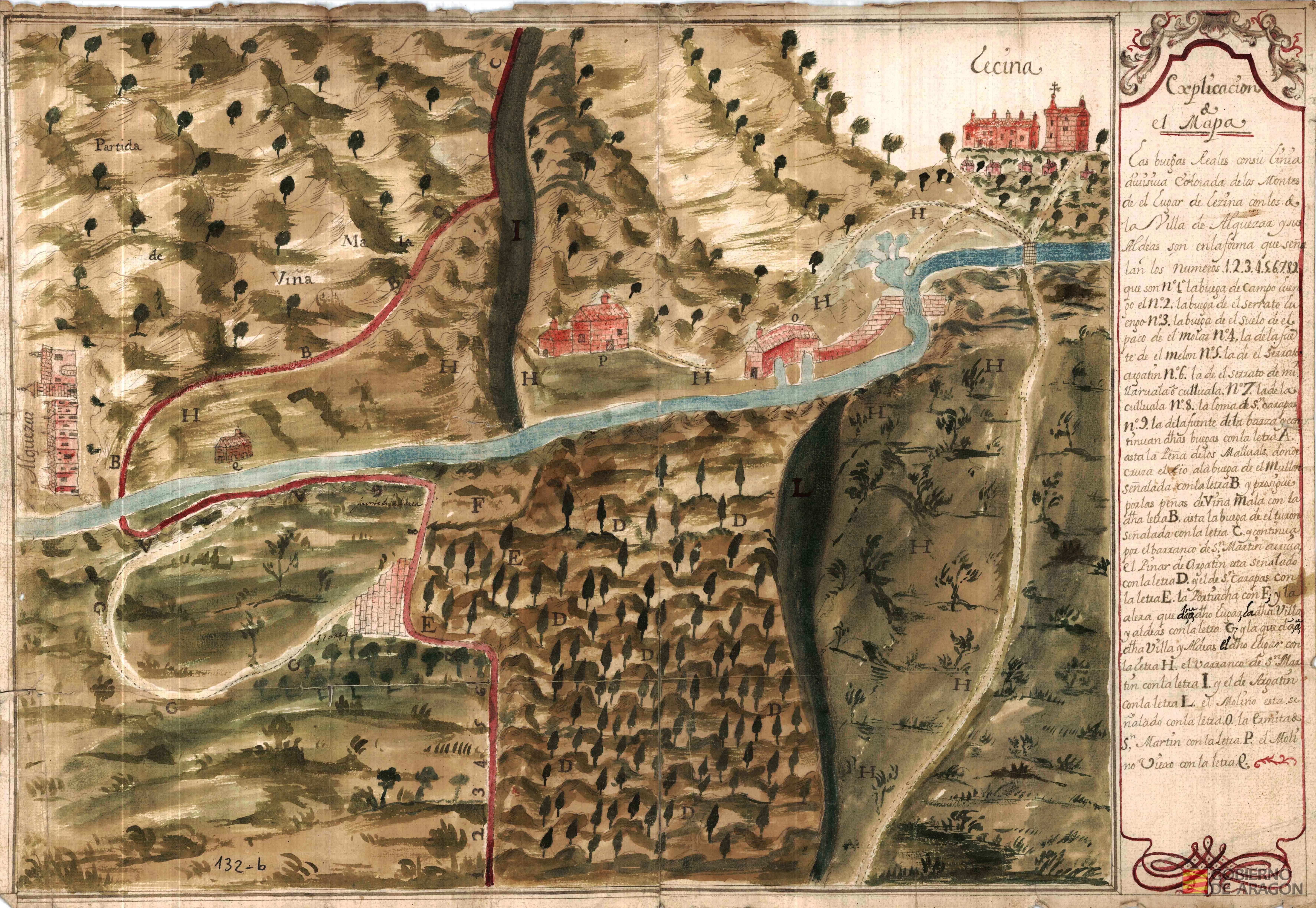 Mapa de las buegas reales con su línea divisoria colorada de los montes del lugar de Lezina con los de la villa de Alquézar y sus aldeas. Lecina (Huesca). Alquézar (Huesca)